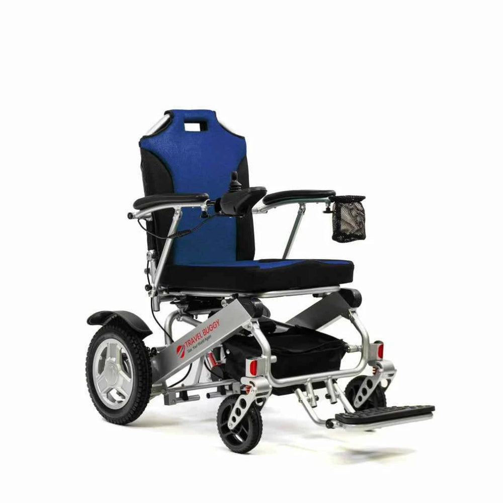 Right angle view of the Travel Buggy CITY 2 PLUS electric wheelchair upgraded with deep blue seating.